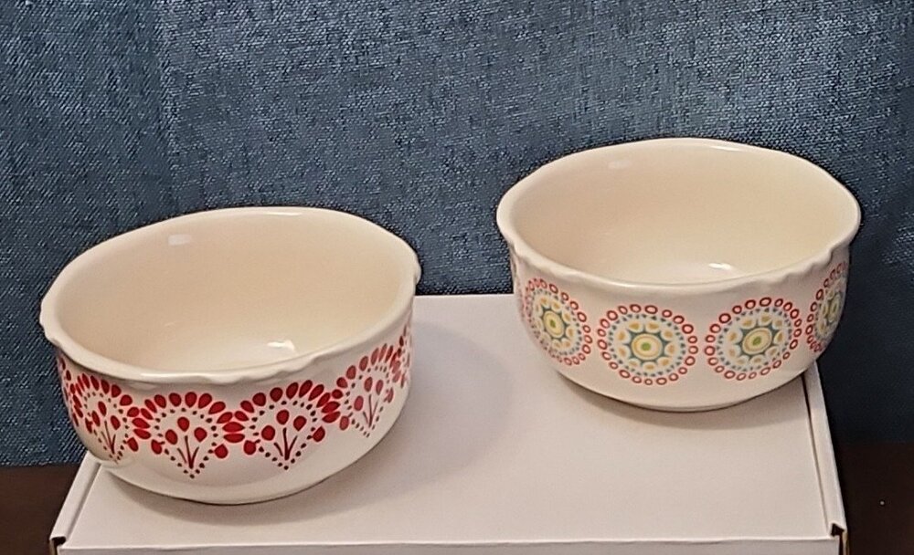 Set of 2 Pioneer Woman Stoneware Bowls | Red Scallop & Boho Medallion